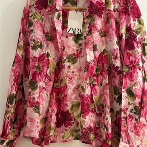Zara Pink and Green Floral Button-Down Shirt